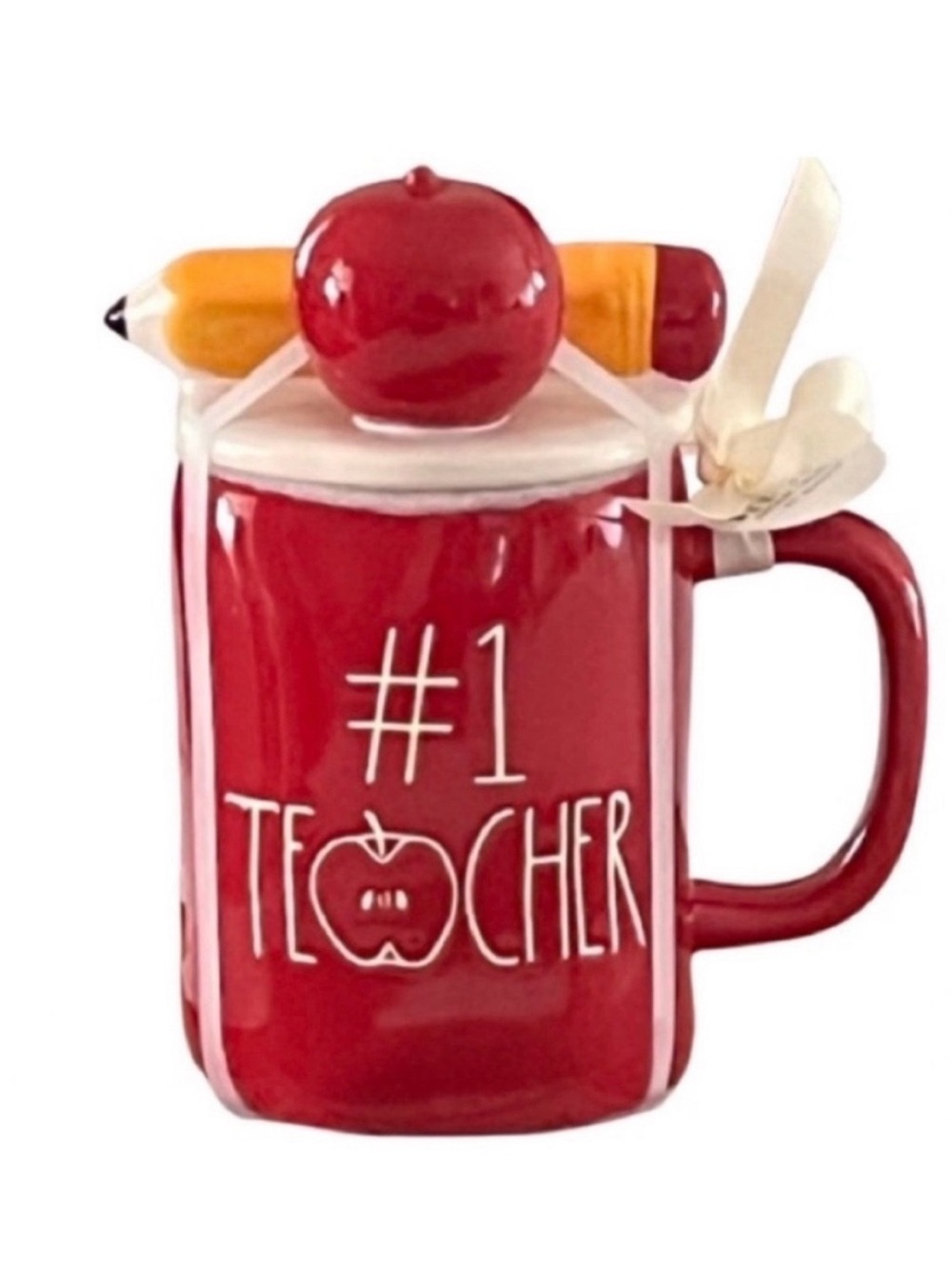 🆕- Rae Dunn- #1 Teacher with Pencil and Apple Topper Ceramic Mug